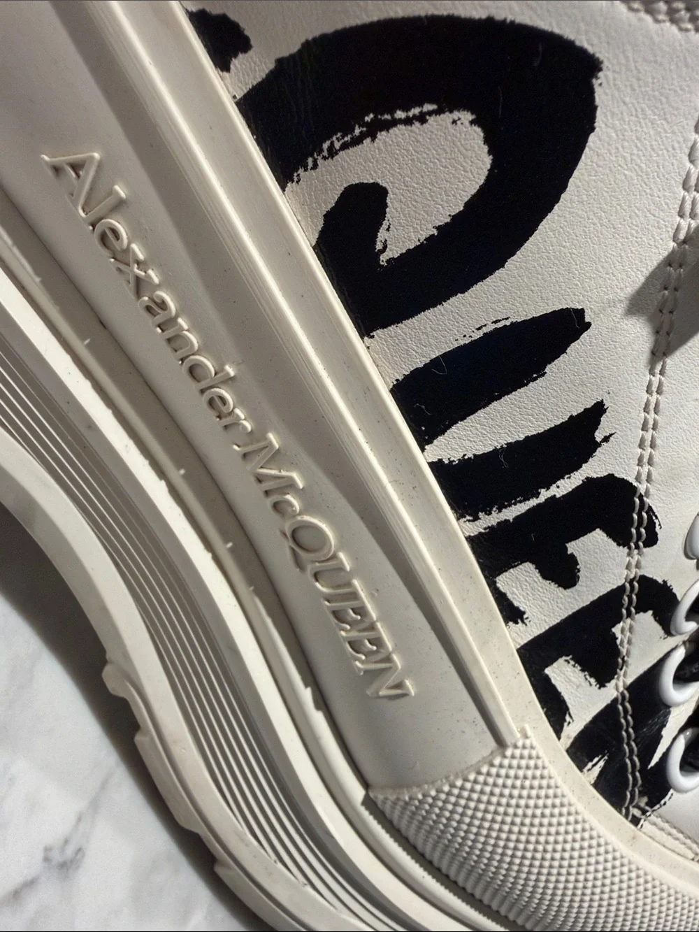 Alexander McQueen White Leather Platform Sneakers with Black Graphic